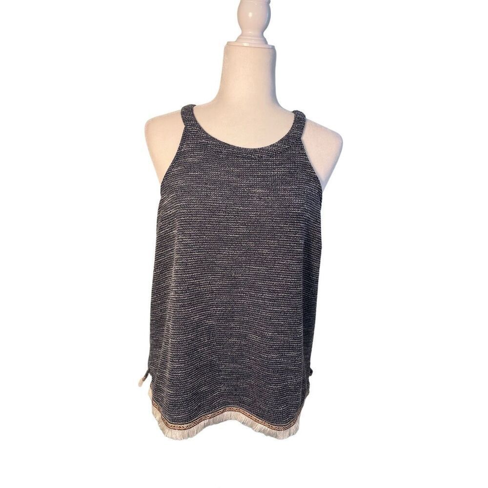 hem & thread navy knit sleeveless top with bottom fringe - M